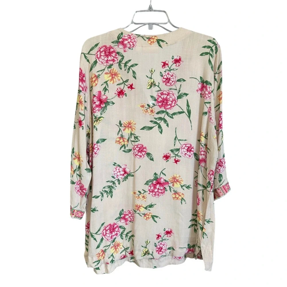 Belle Kim Gravel Pink Floral Embroidered V Neck Tunic Top 2X Coastal Travel - Picture 3 of 10